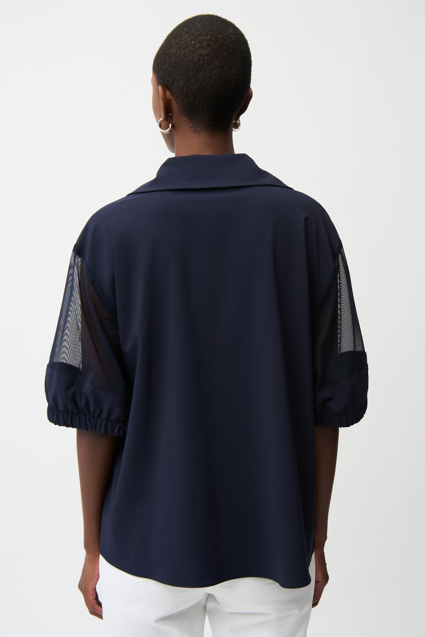Blusa a sacchetto in popeline elasticizzato e tulle