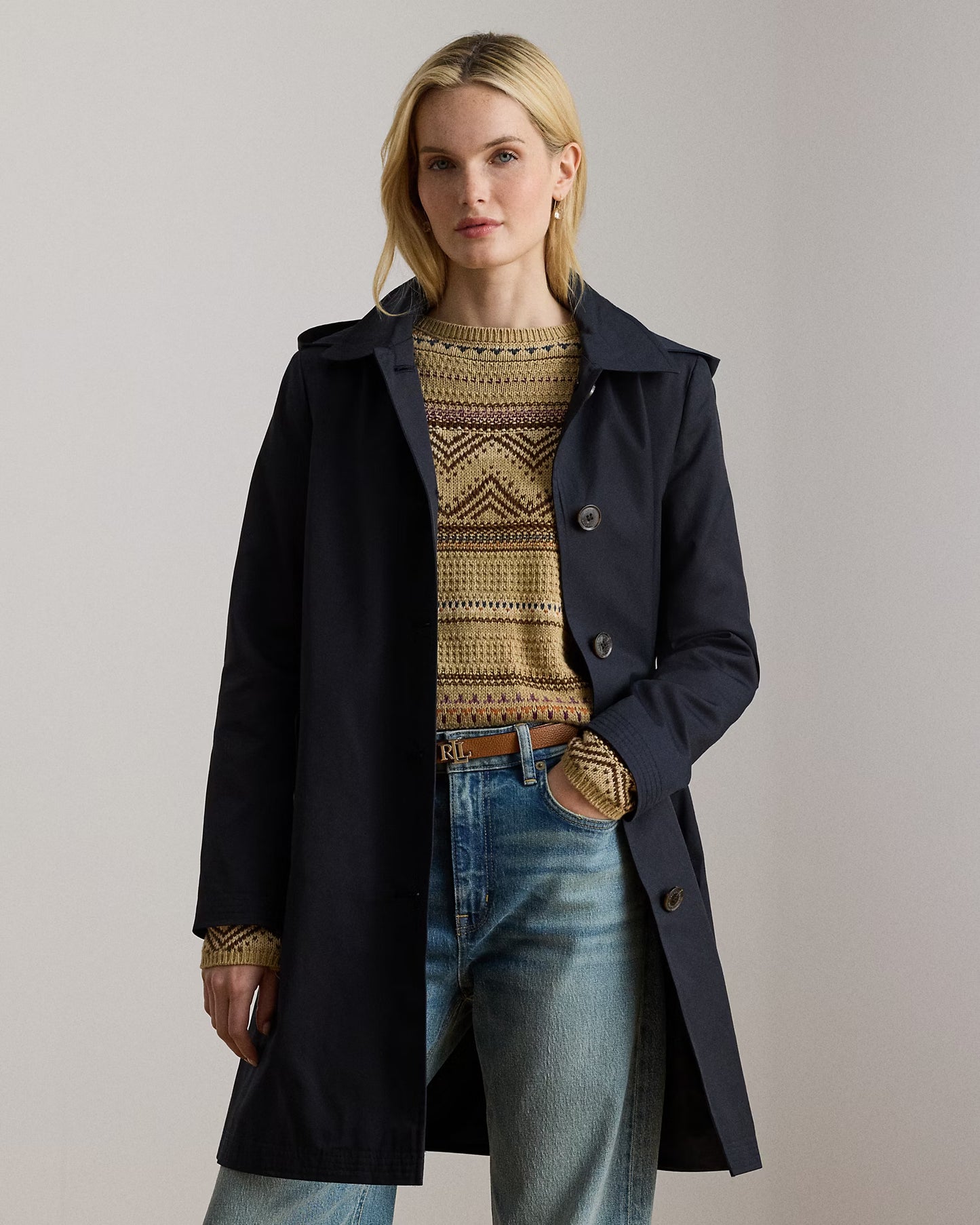 Trench Monopetto Con Cappuccio Staccabile - Beige e Blu