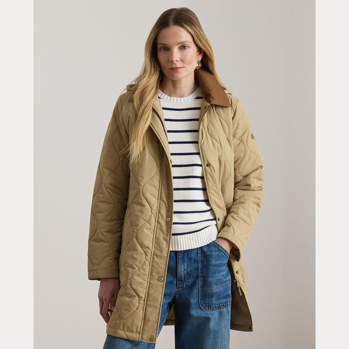 Giaccone Lungo Trapuntato con Cappuccio Staccabile - Blu, Beige