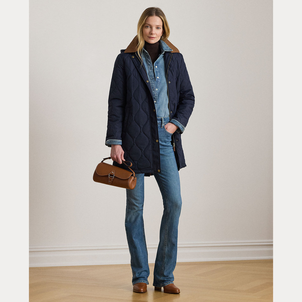 Giaccone Lungo Trapuntato con Cappuccio Staccabile - Blu, Beige