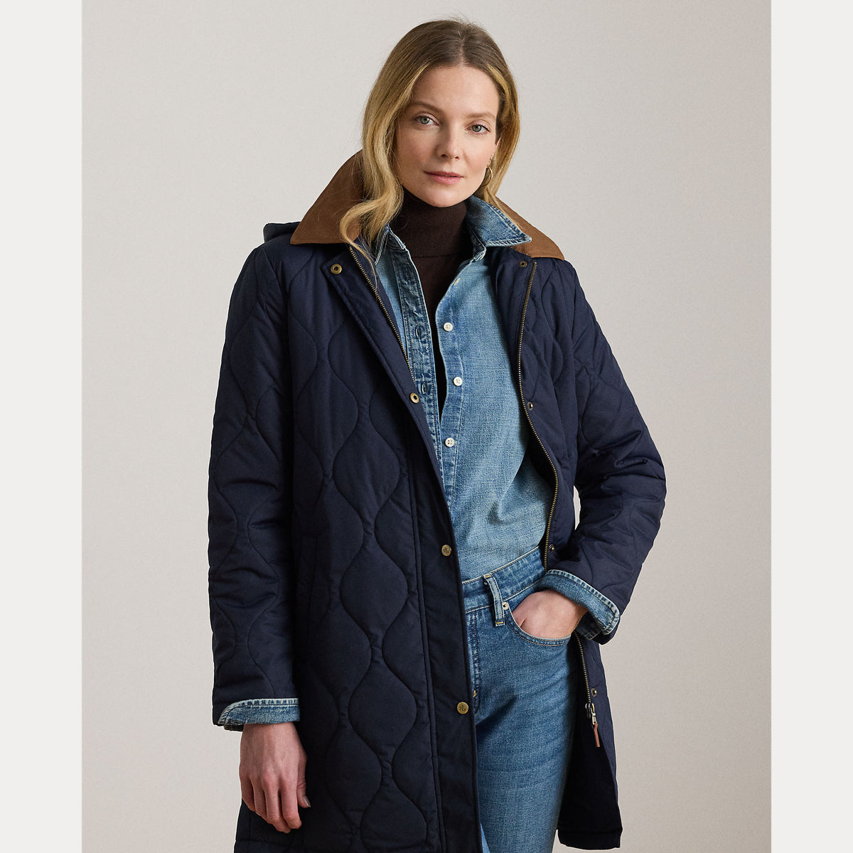 Giaccone Lungo Trapuntato con Cappuccio Staccabile - Blu, Beige