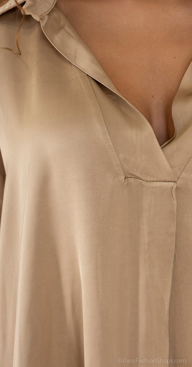 Oversized Blouse with Short Viscose and Silk Sleeves - Light Blue, Bronze, Pink, Cream
