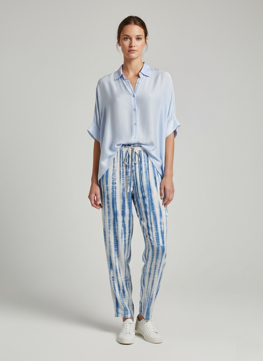 Oversized Blouse with Short Viscose and Silk Sleeves - Light Blue, Bronze, Pink, Cream