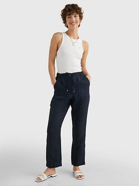 Pantaloni blu in lino con coulisse