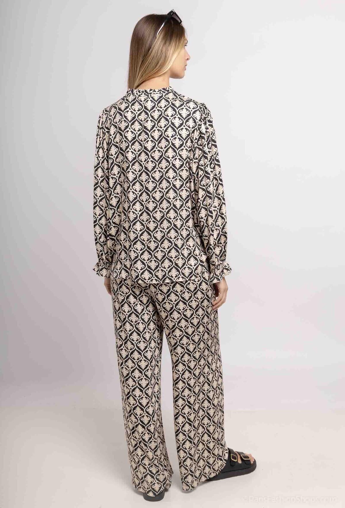 Pantaloni a gamba larga con stampa arabesque -  beige e nero o beige e blu