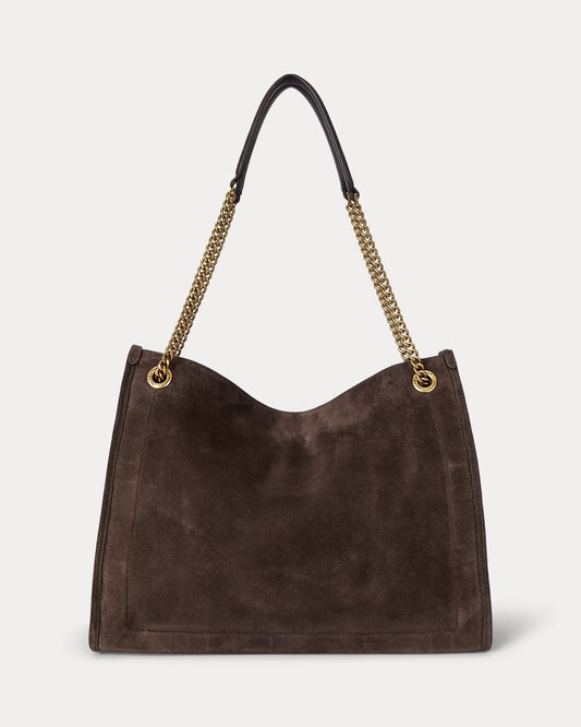 Borsa tote marrone grande in pelle scamosciata