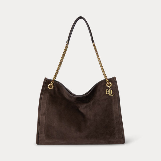 Borsa tote marrone grande in pelle scamosciata