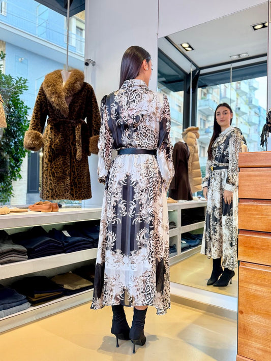 Abito Chemisier in Chiffon e Raso con Stampa Baroque-Leopard