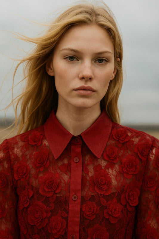 Camicia in Pizzo Floreale Elasticizzato - Rosso Bordeaux, Nero, Bianco, Marrone