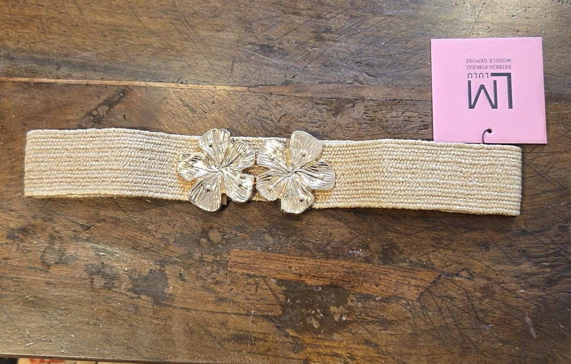 Cintura Elastica in Raffia "Flower Jewel" – Nera, Panna, Beige