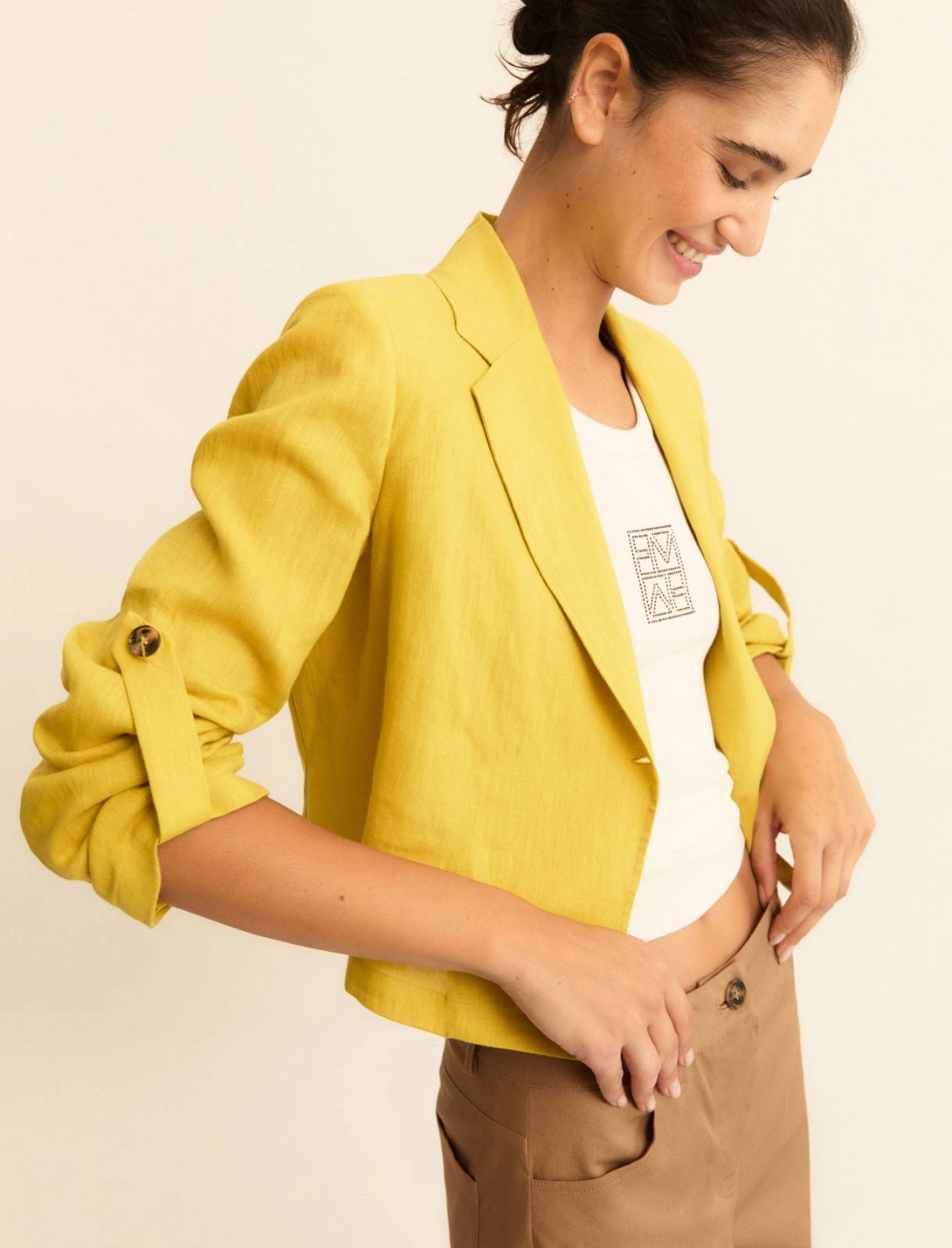 Giacca Blazer in lino con maniche arrotolabili - Senape, Bianco, Cammello