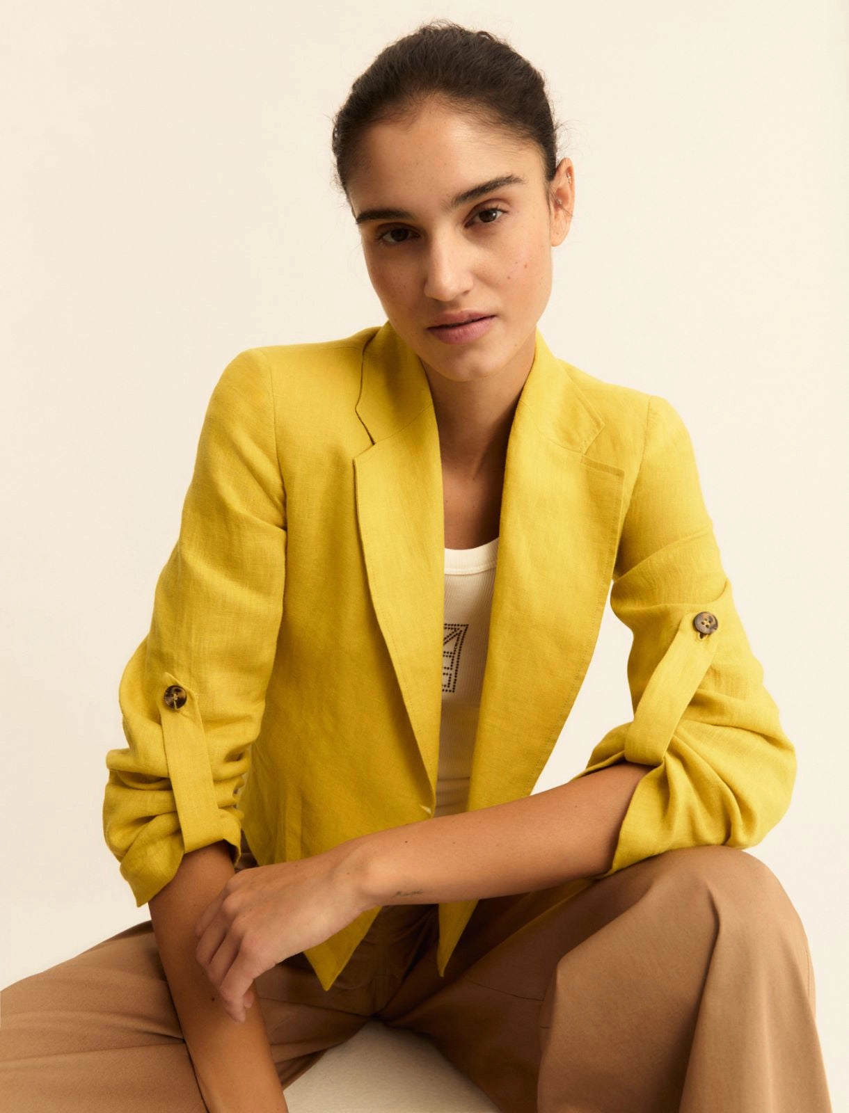 Giacca Blazer in lino con maniche arrotolabili - Senape, Bianco, Cammello