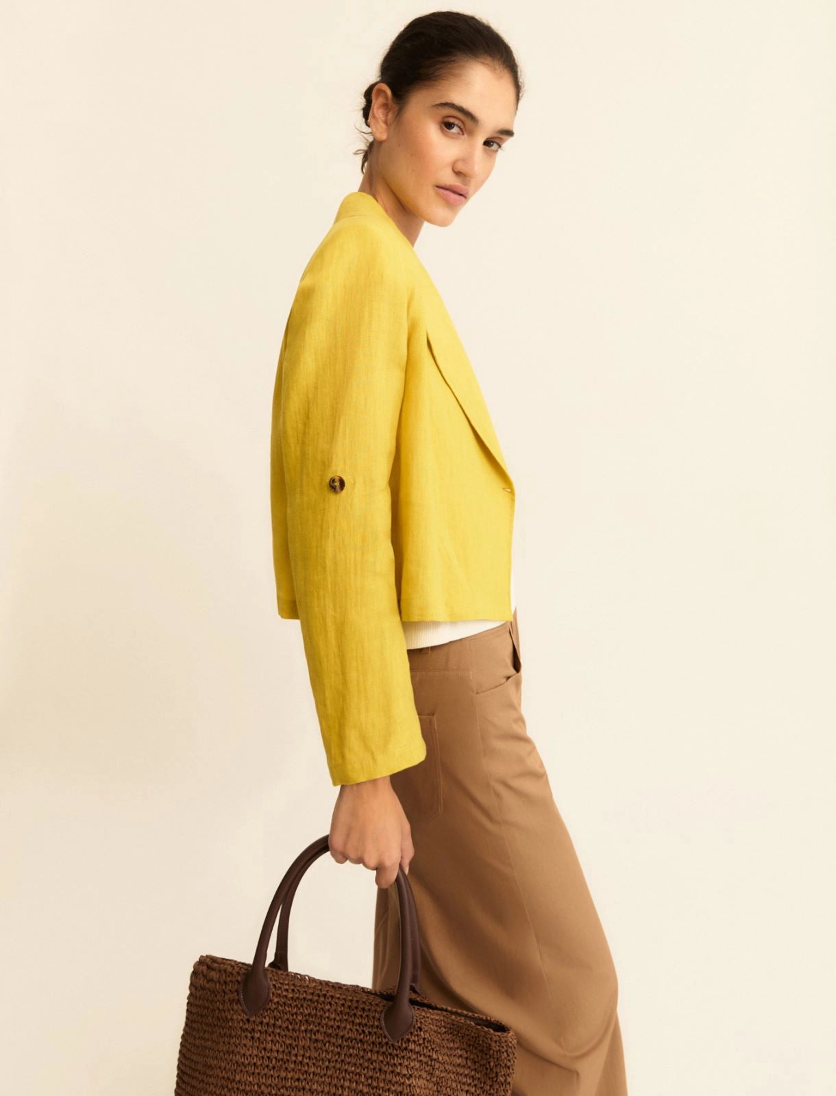 Giacca Blazer in lino con maniche arrotolabili - Senape, Bianco, Cammello