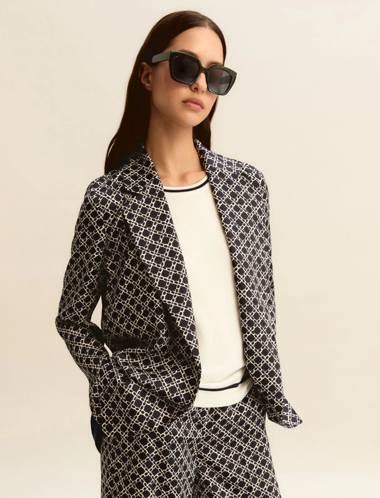 Blue and White Printed Twill Jacket and Blouse
