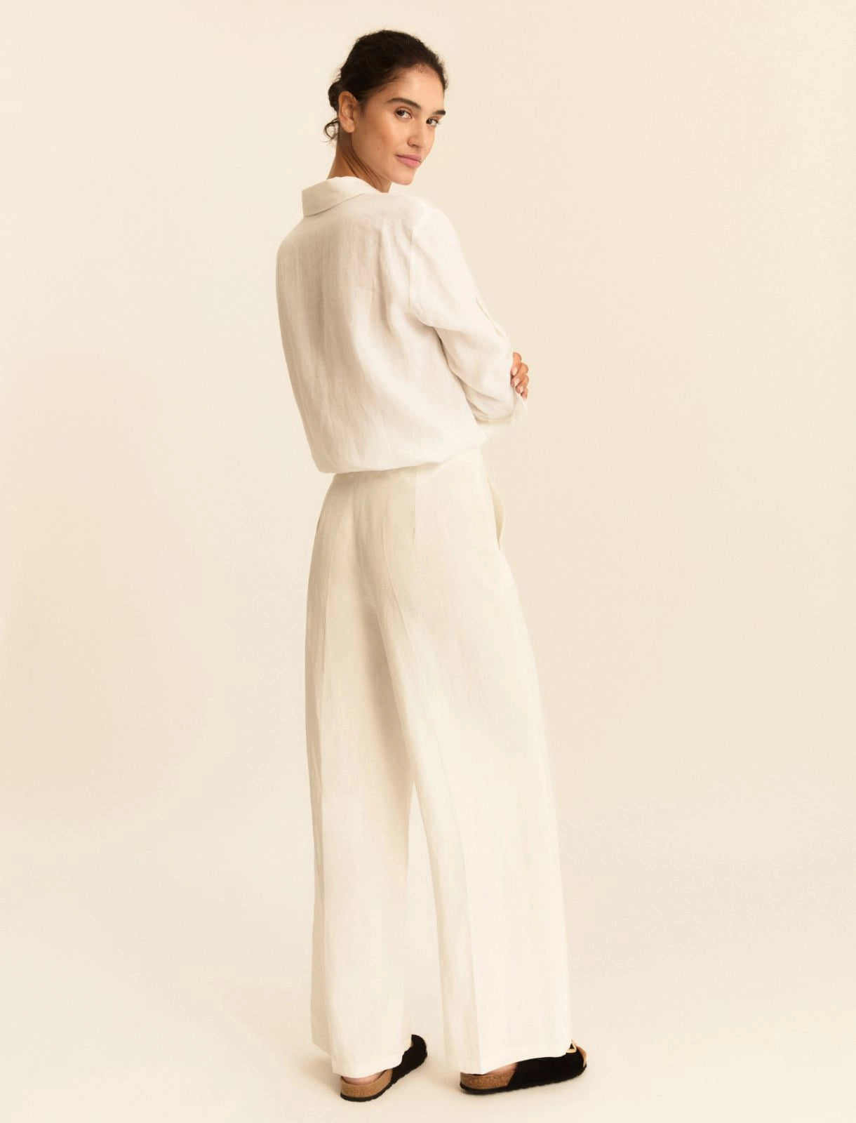 Pantalone Fluido in Viscosa e Lino - Bianco, Cammello e Verde Scuro