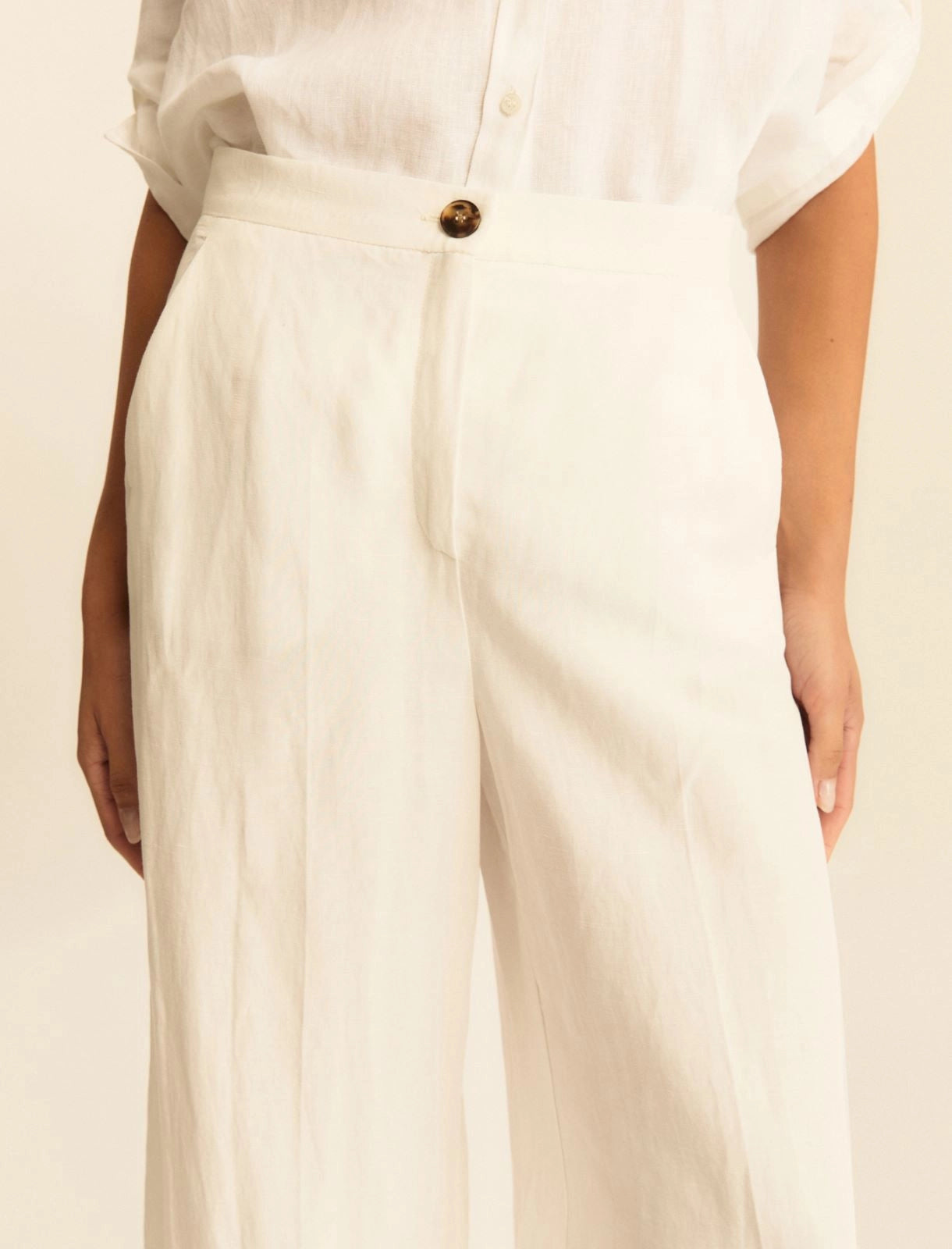 Pantalone Fluido in Viscosa e Lino - Bianco, Cammello e Verde Scuro