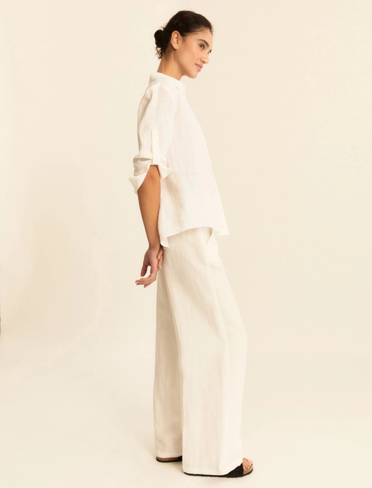 Pantalone Fluido in Viscosa e Lino - Bianco, Cammello e Verde Scuro