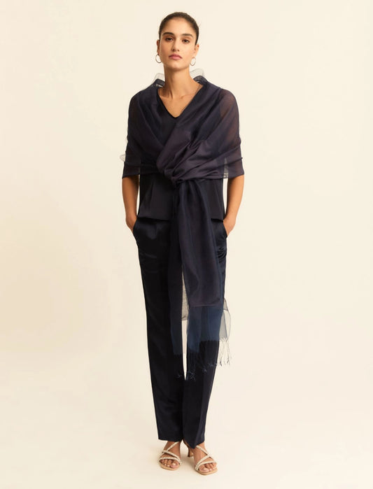 Pantaloni a gamba dritta in raso di lino e viscosa. Blu o Grigio Scuro