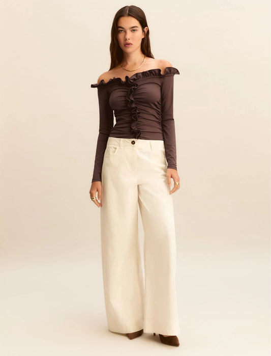 Wide 5-pocket trousers in stretch satin - White, Beige