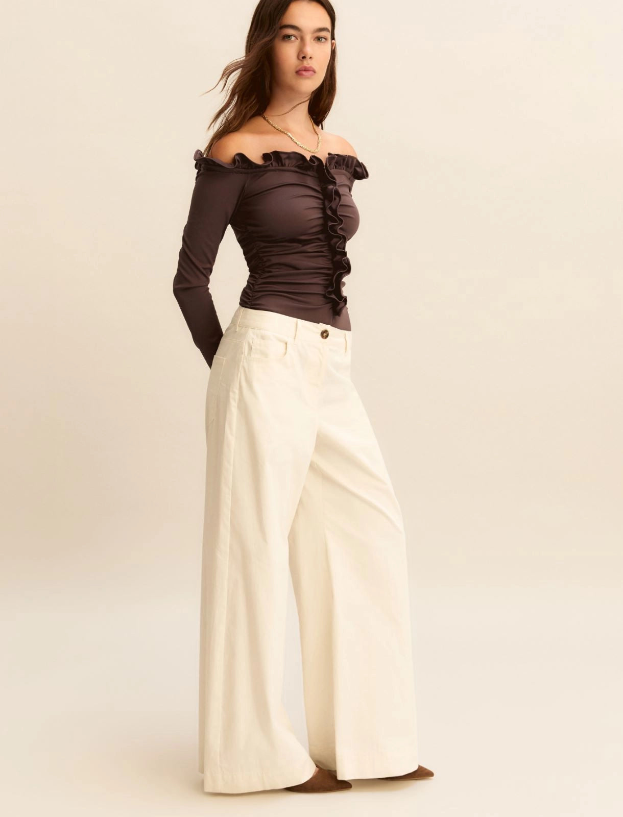 Wide 5-pocket trousers in stretch satin - White, Beige