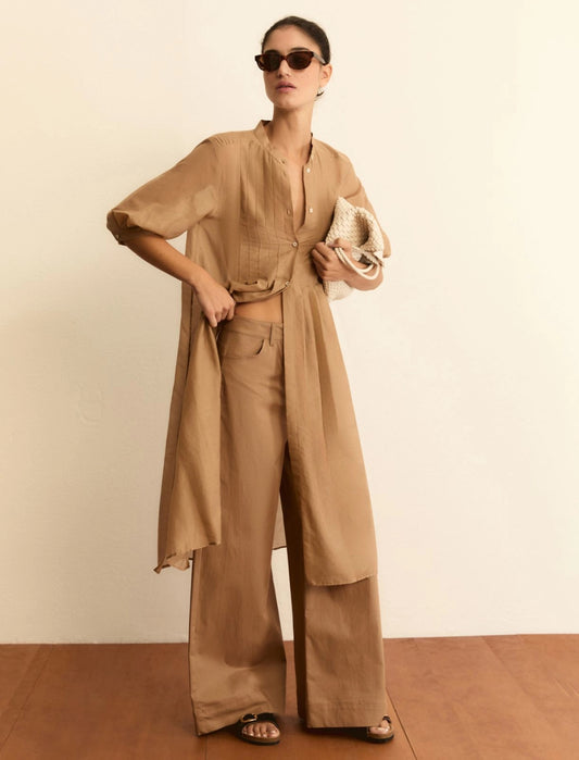 Camicia Chemisier in mussola trasparente - Cammello, Verde Scuro