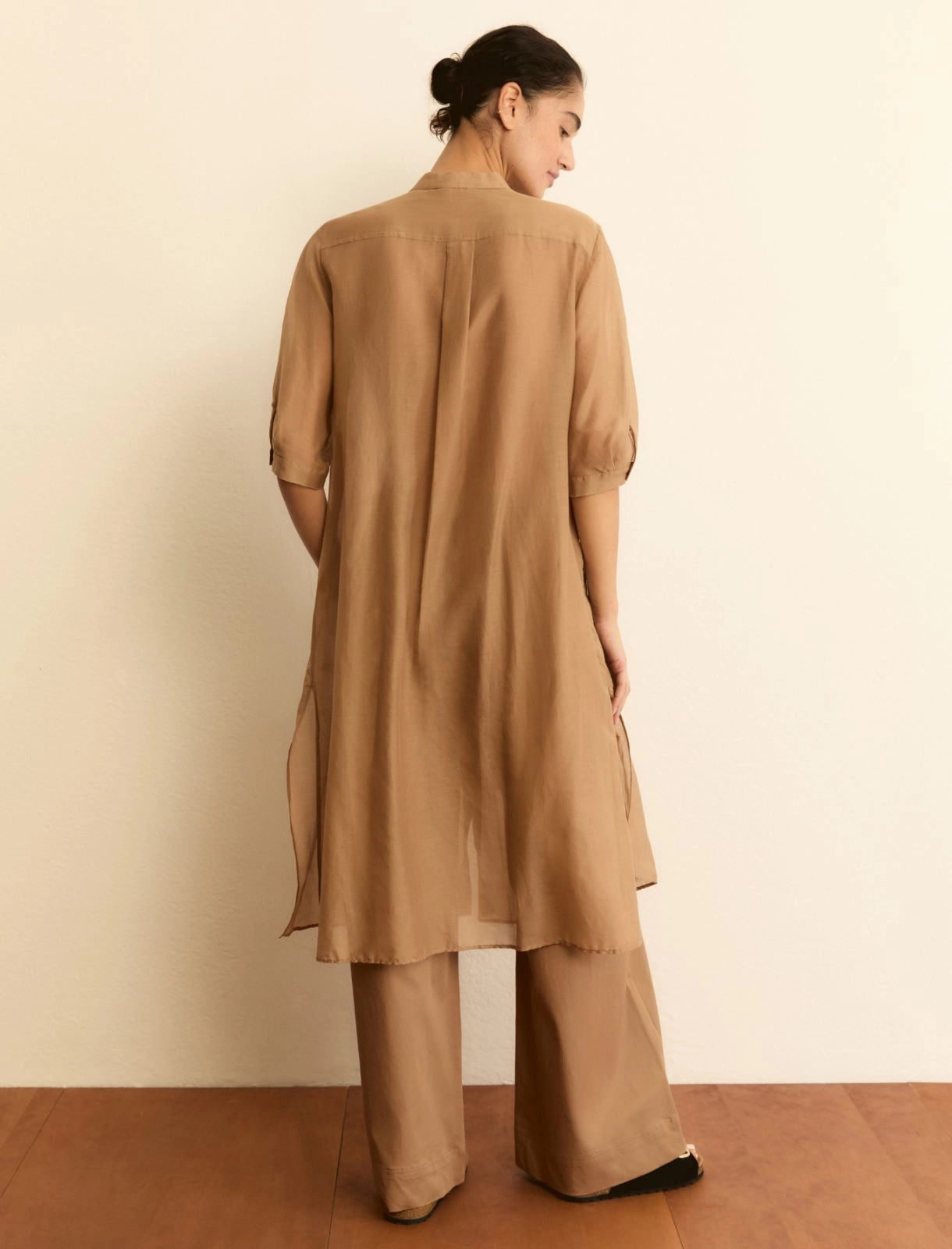 Camicia Chemisier in mussola trasparente - Cammello, Verde Scuro