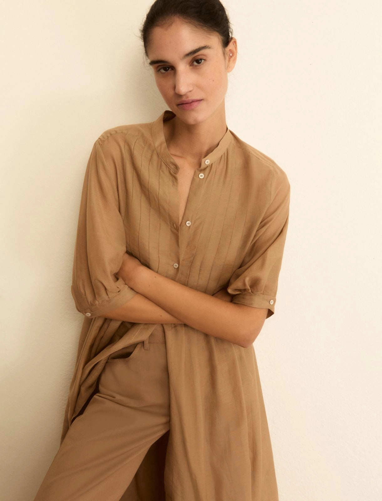 Camicia Chemisier in mussola trasparente - Cammello, Verde Scuro