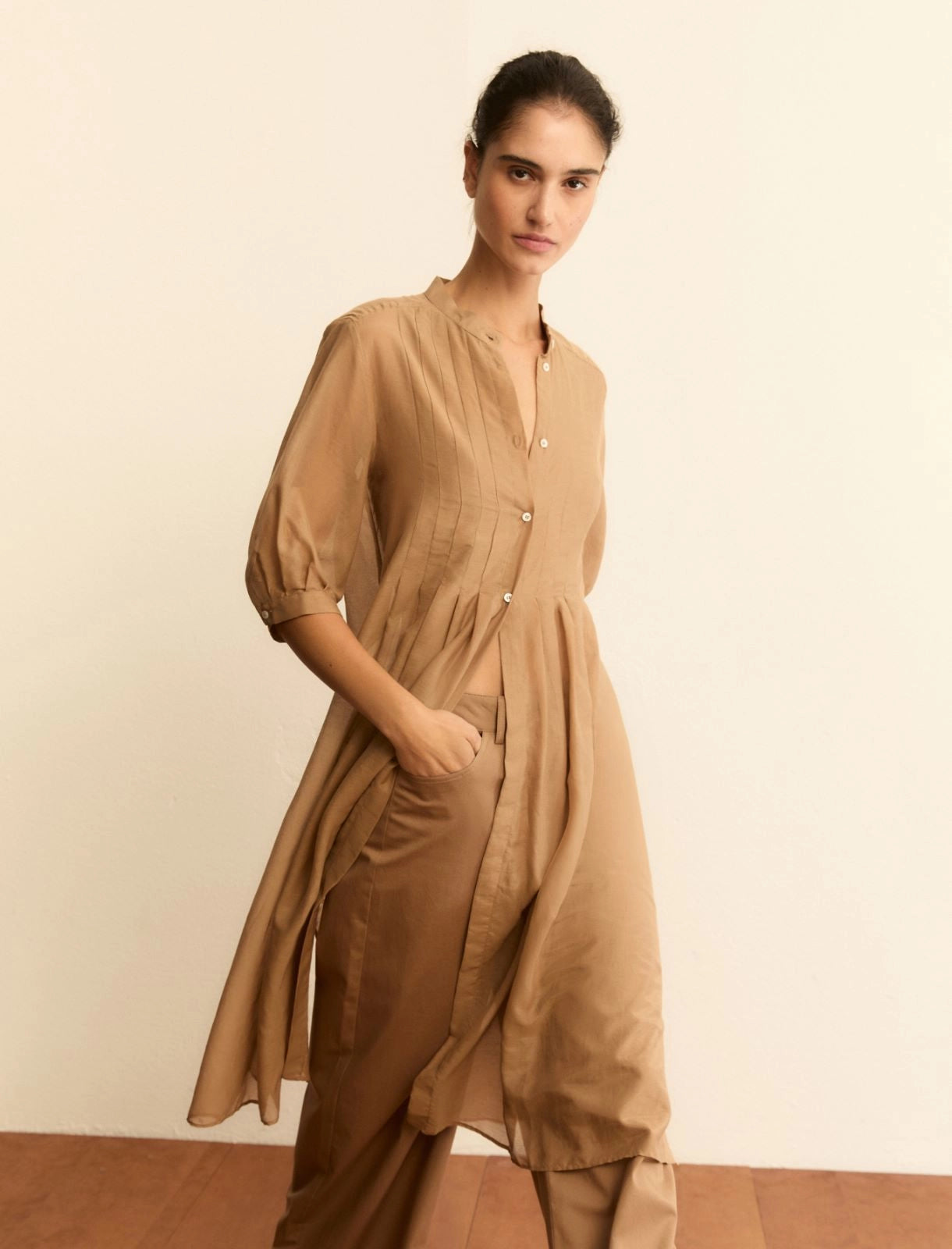 Camicia Chemisier in mussola trasparente - Cammello, Verde Scuro