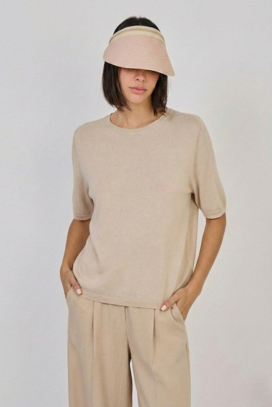 Maglia a Girocollo con Maniche Corte - Beige, Blu o Celeste