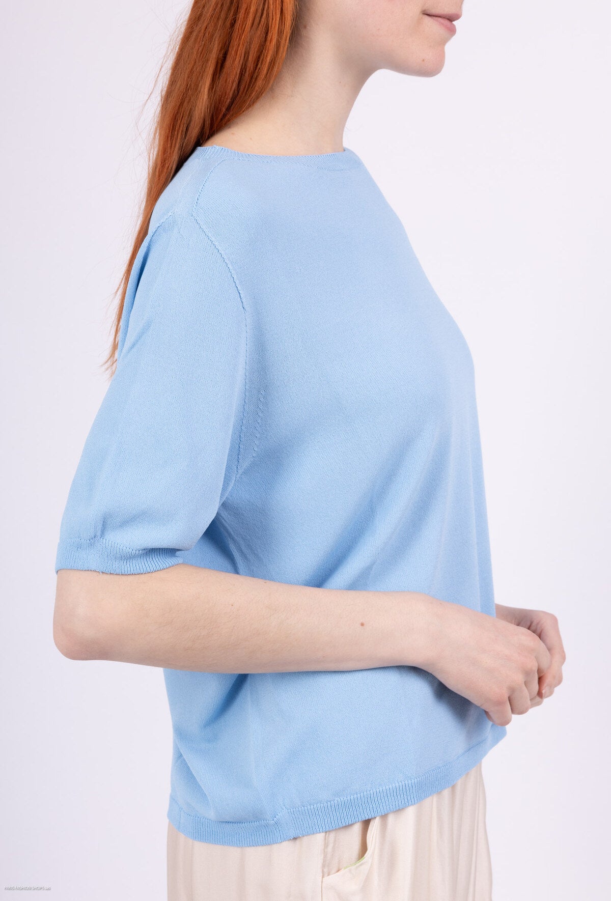 Maglia a Girocollo con Maniche Corte - Beige, Blu o Celeste