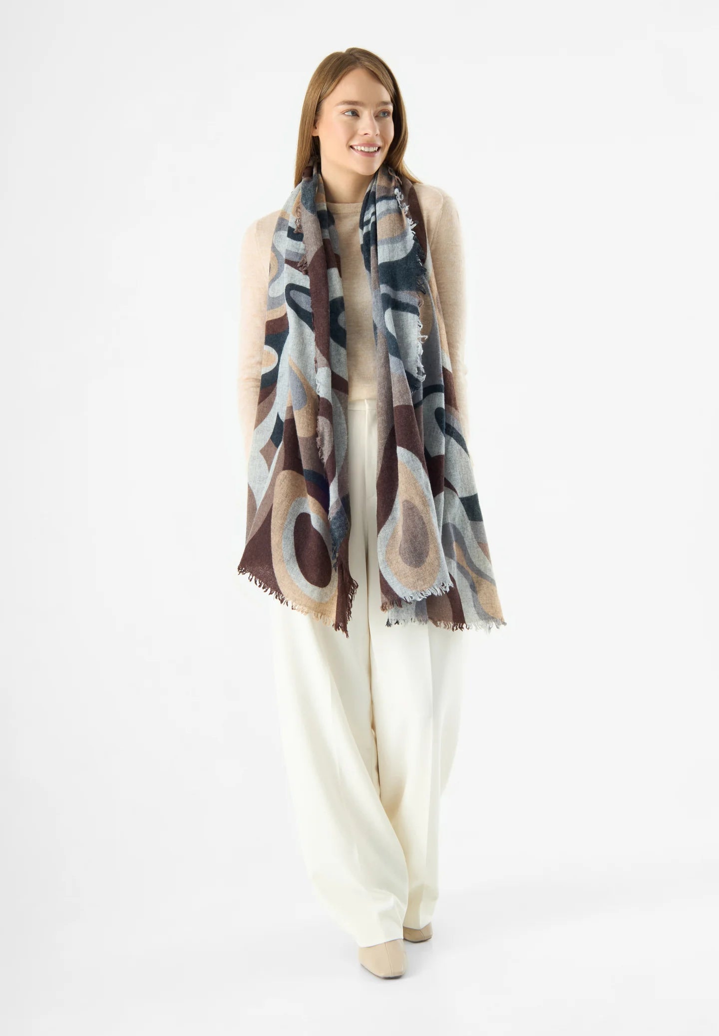 Sciarpa in lana e cashmere con stampa a bolle - Marrone, Azzurro o Rosso