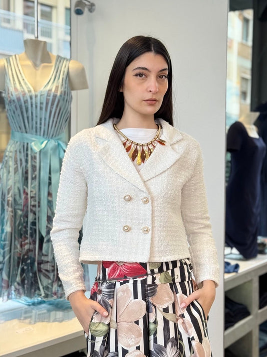 Giacca Crop – Romanticismo in Tweed - Bianco