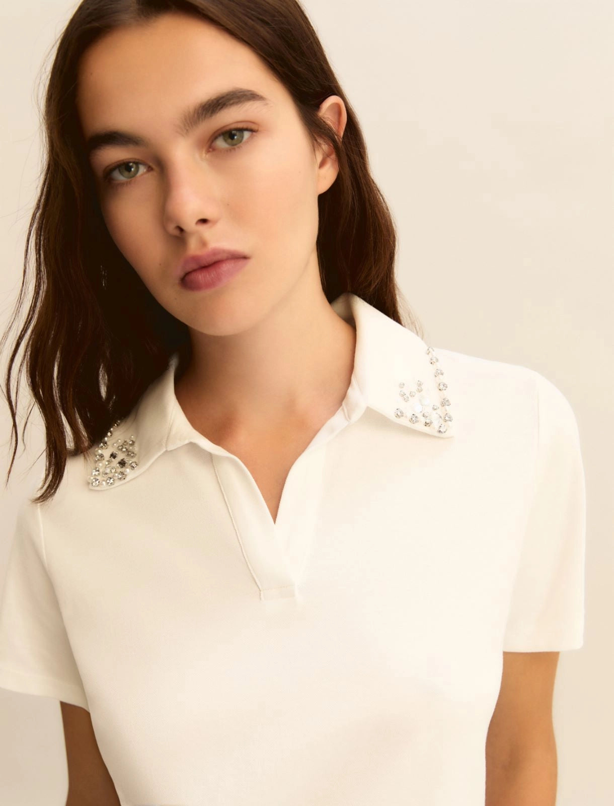 Maglietta a Polo con Perle e Cristalli - Bianco Latte o Blu