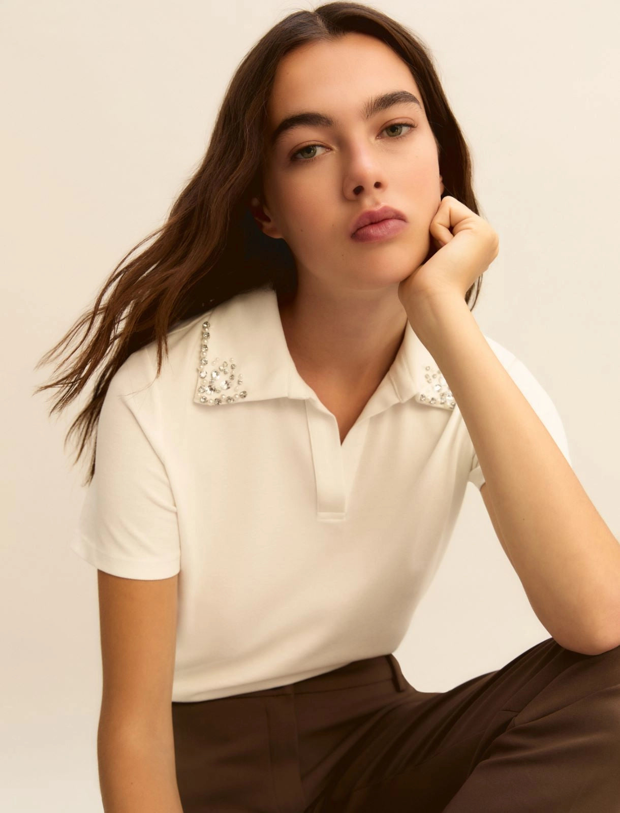 Maglietta a Polo con Perle e Cristalli - Bianco Latte o Blu