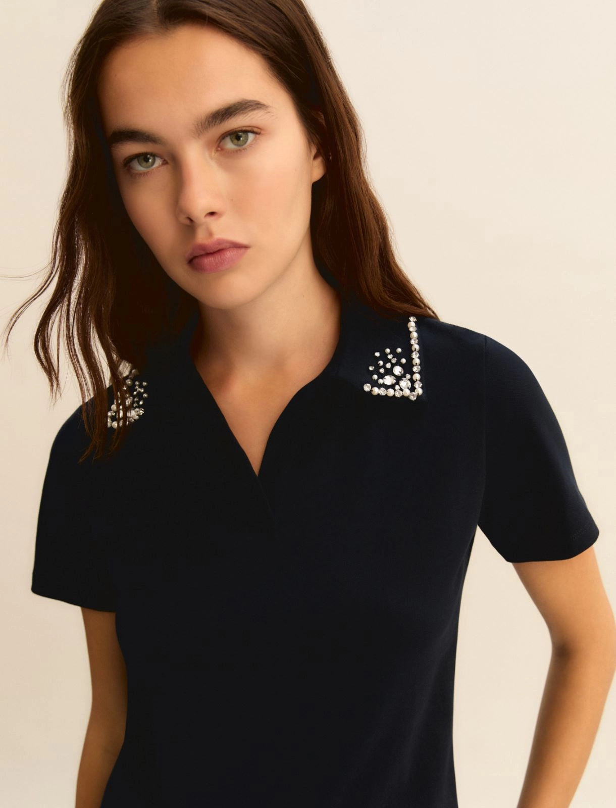 Maglietta a Polo con Perle e Cristalli - Bianco Latte o Blu