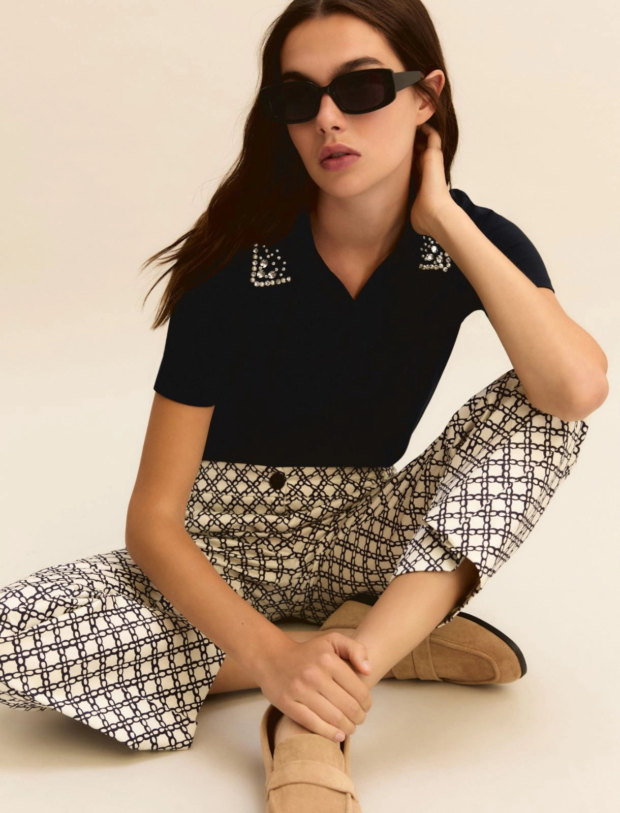 Maglietta a Polo con Perle e Cristalli - Bianco Latte o Blu