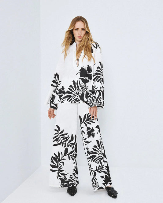 Floral Print Tunic Shirt - White and Blue