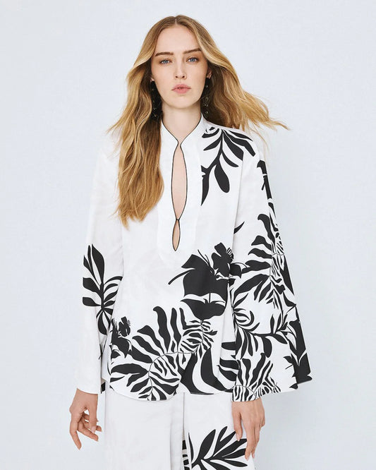 Floral Print Tunic Shirt - White and Blue