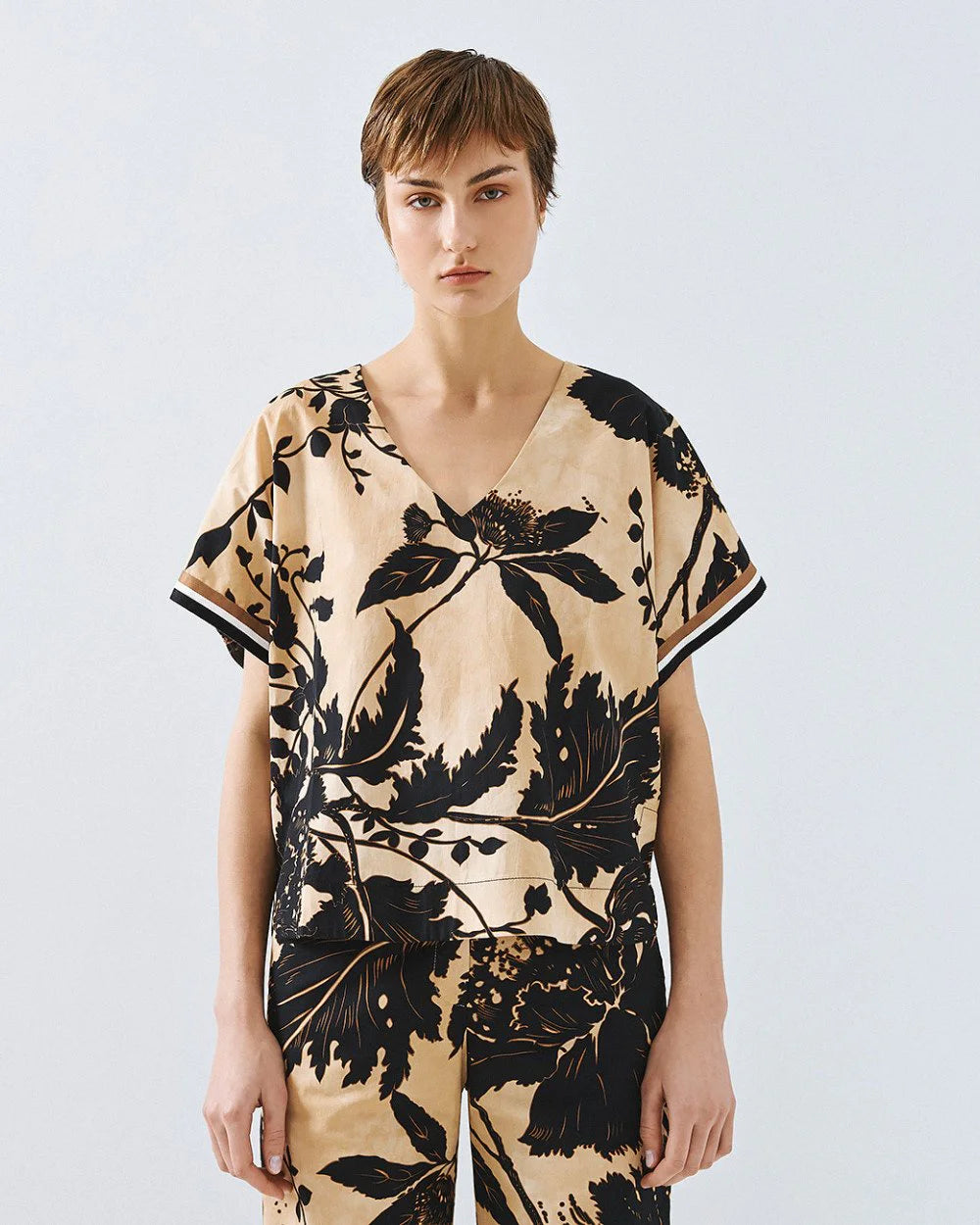 Blusa in Cotone con Scollo a V e Dettaglio a Righe