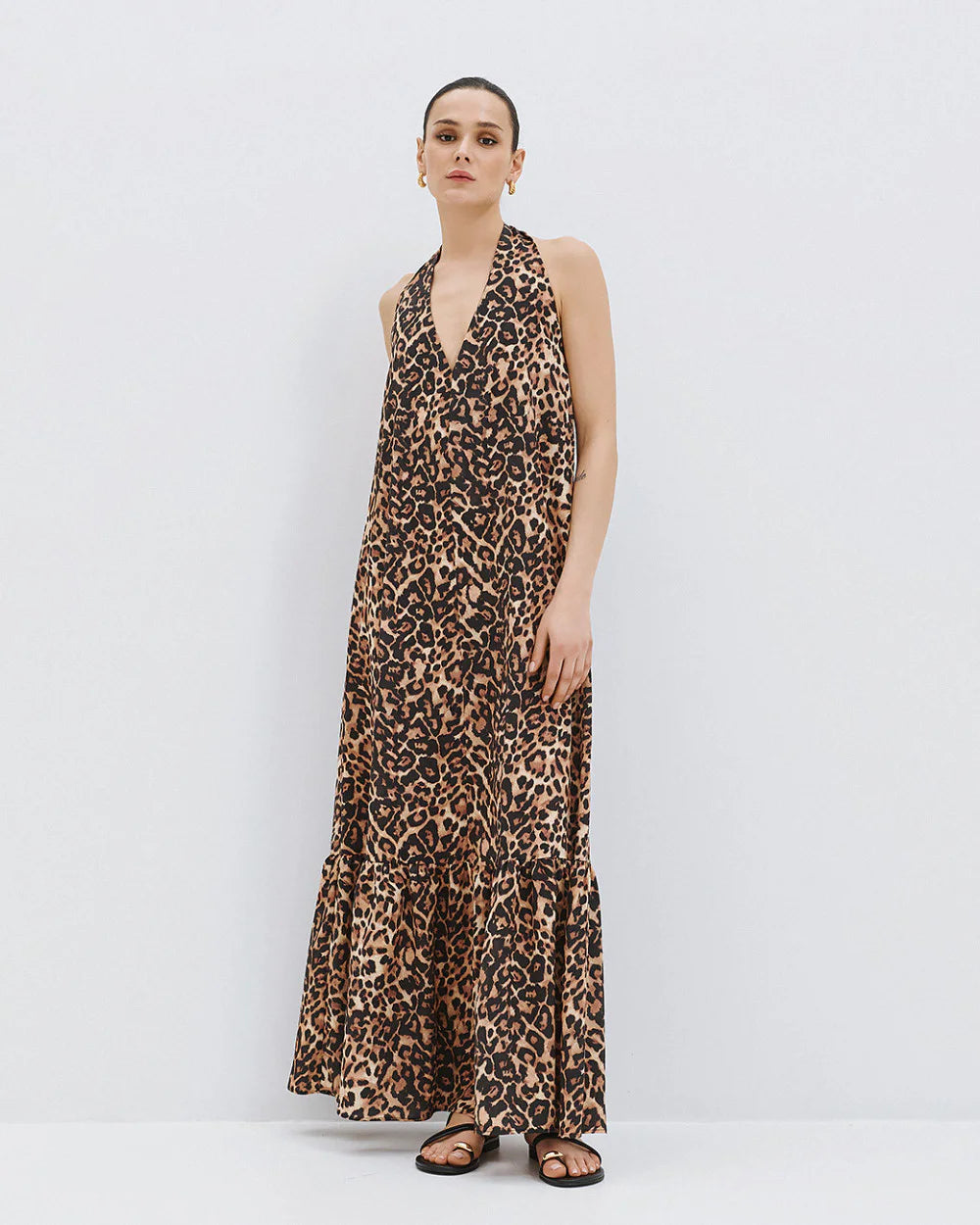 Leopard Print Halter Neck Maxi Dress with Ruffles