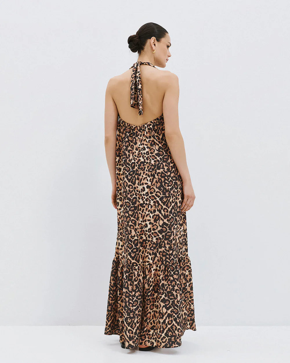 Leopard Print Halter Neck Maxi Dress with Ruffles