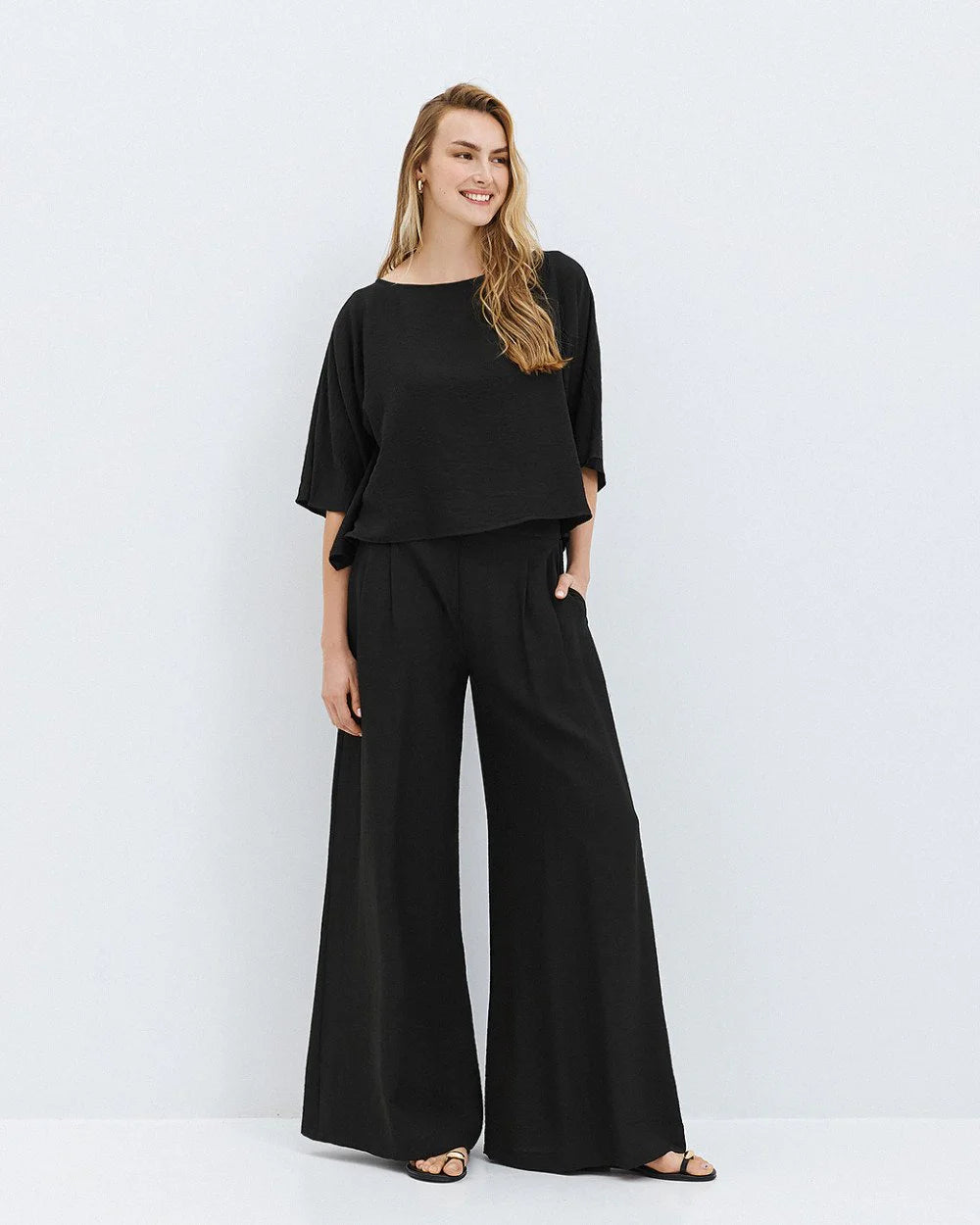 Pantaloni Wide-Leg in Misto Lino e Viscosa -  Bianco,  Nero