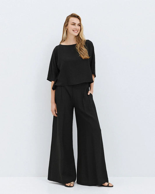 Pantaloni Wide-Leg in Misto Lino e Viscosa -  Bianco,  Nero