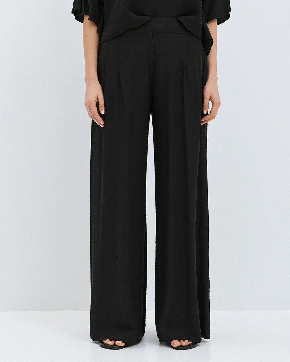 Pantaloni Wide-Leg in Misto Lino e Viscosa -  Bianco,  Nero