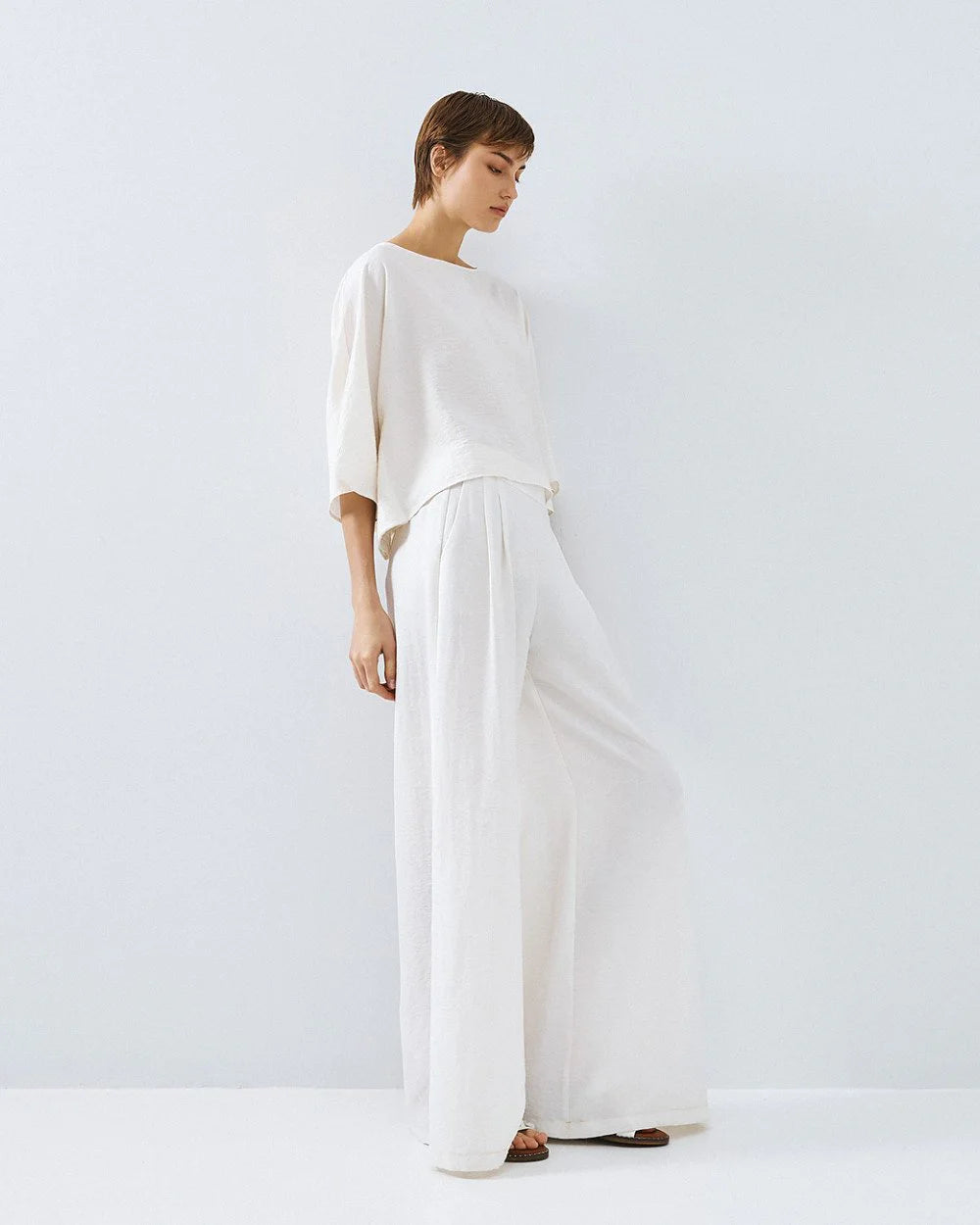 Pantaloni Wide-Leg in Misto Lino e Viscosa -  Bianco,  Nero