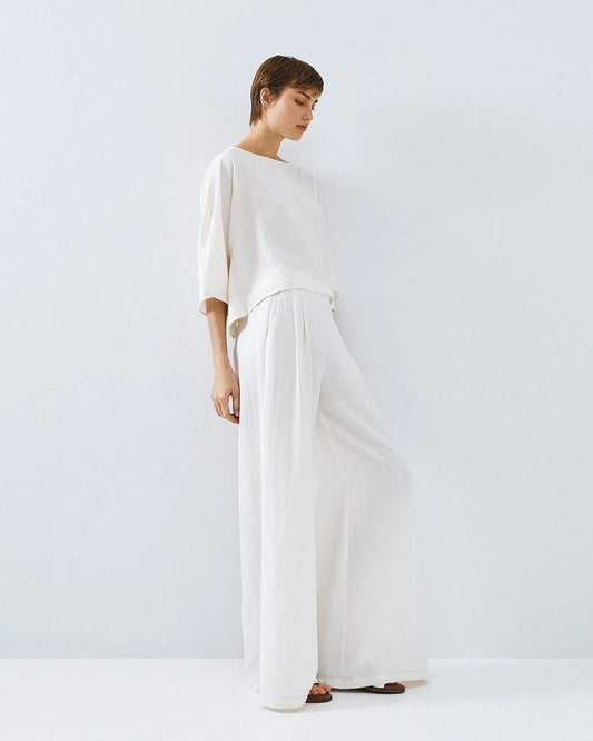 Pantaloni Wide-Leg in Misto Lino e Viscosa -  Bianco,  Nero