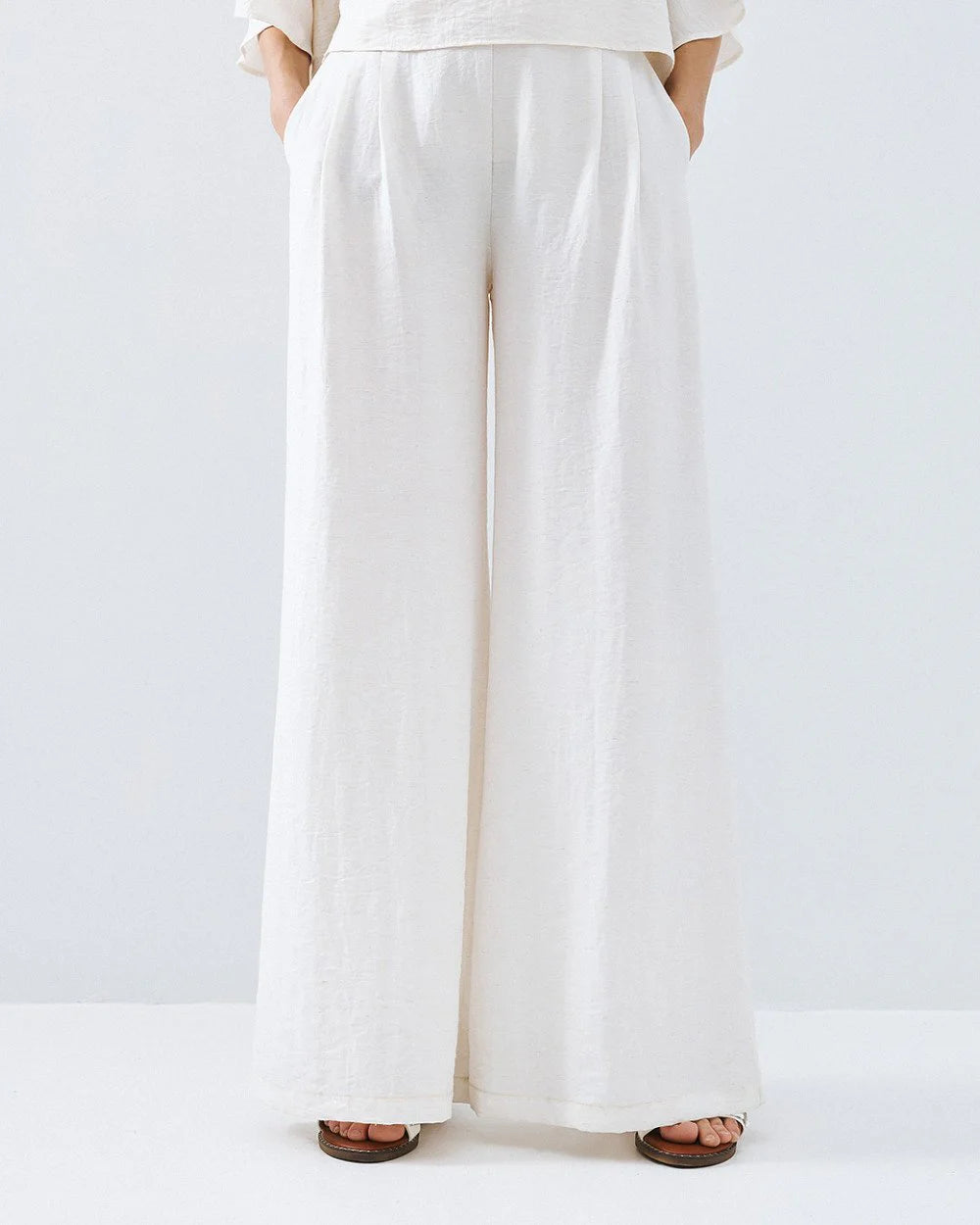 Pantaloni Wide-Leg in Misto Lino e Viscosa -  Bianco,  Nero