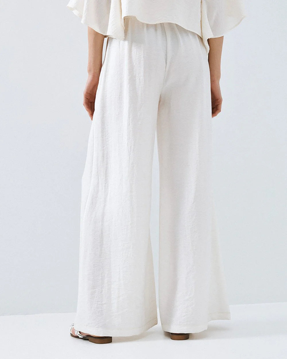 Pantaloni Wide-Leg in Misto Lino e Viscosa -  Bianco,  Nero