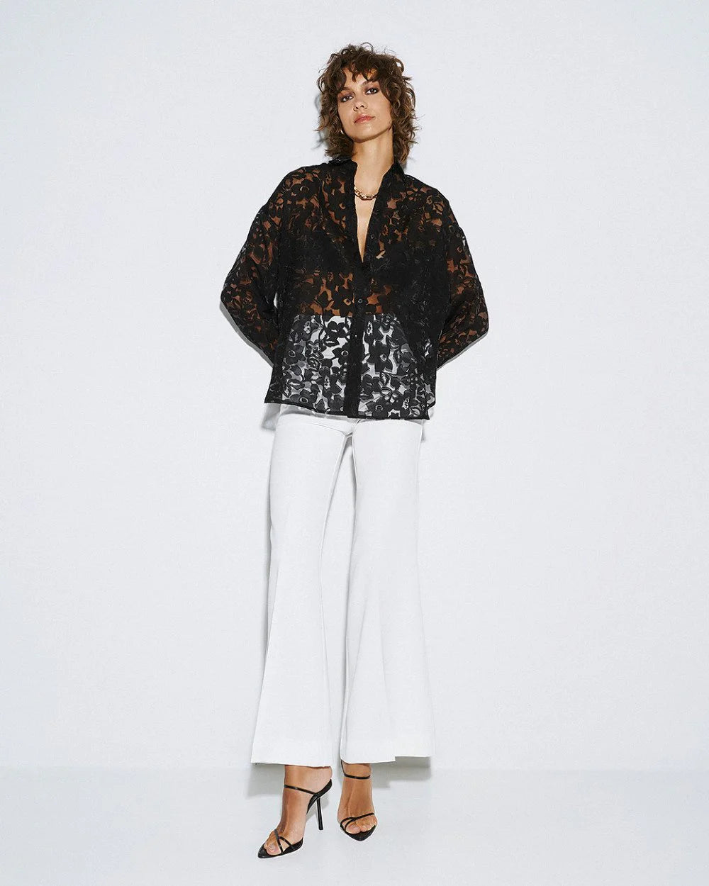 Semi-Sheer Devoré Long-Sleeved Shirt - White, Black, Light Blue