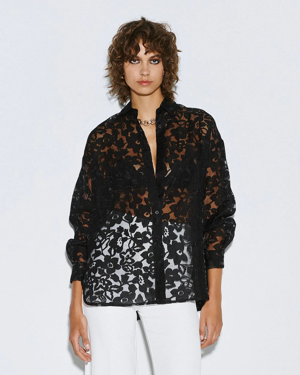 Semi-Sheer Devoré Long-Sleeved Shirt - White, Black, Light Blue